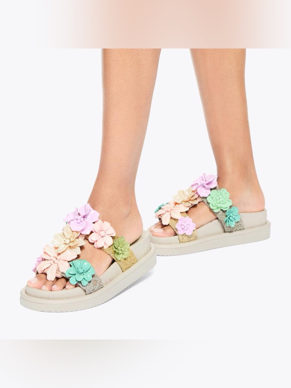 Kurt Geiger Cream Slide Sandals with Pastel Floral Appliques